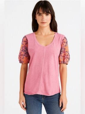 SUNDANCE Embroidered Puff Sleeve Slub Knit Top in Dusty Rose